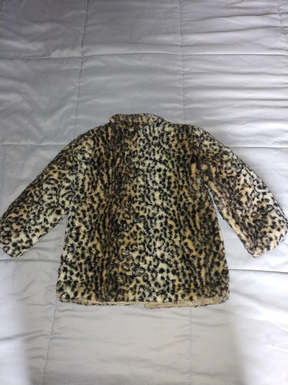 Girls' Cream Jacket with Leopard Faux-Fur Collar